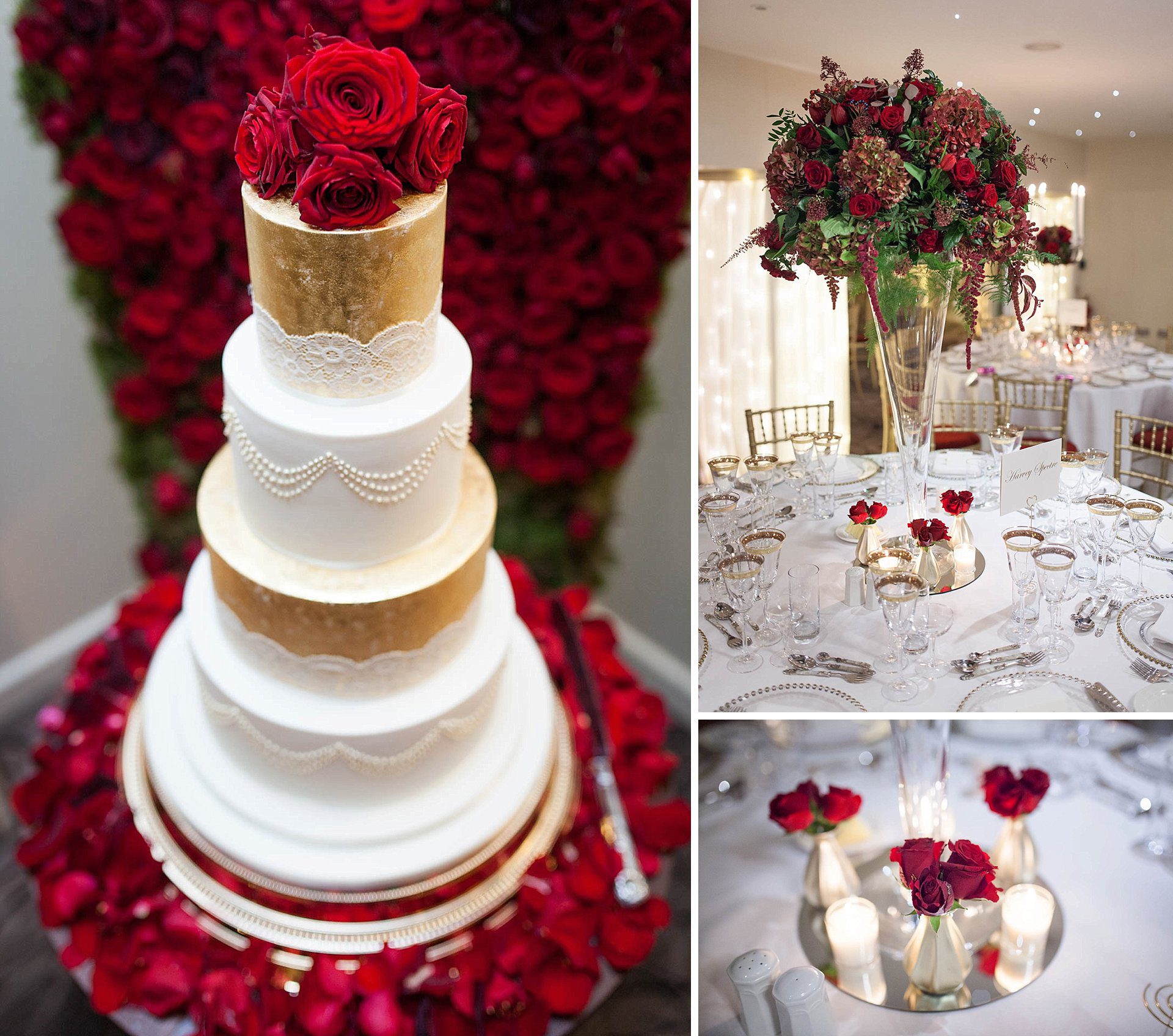 Wedding cake and red roses