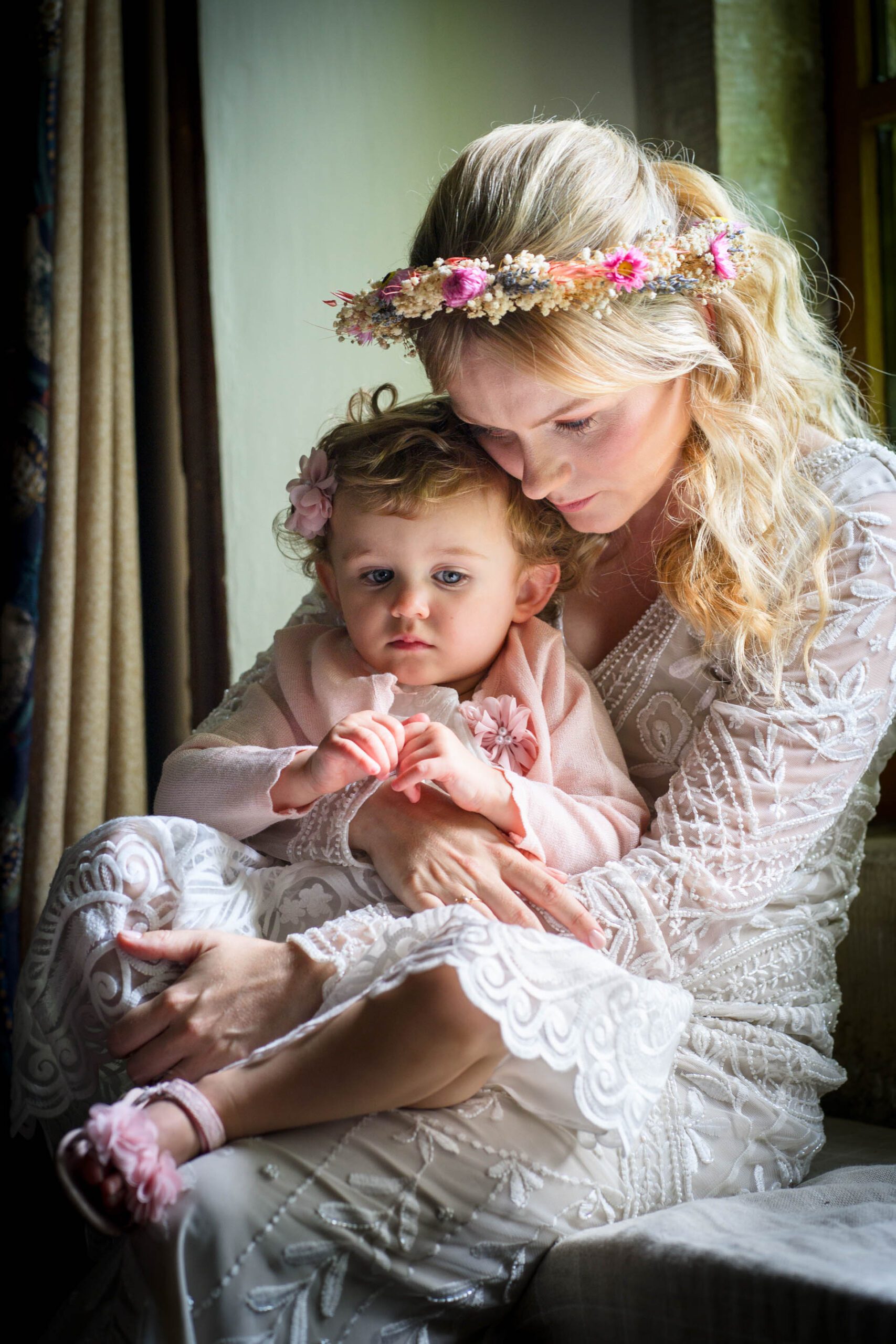 Chloe and her daughter Willow enjoying a peaceful moment together prior to her wedding ceremony
